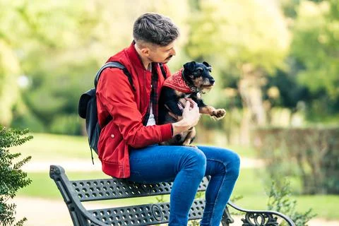 Man embracing a small dog while sitting on a bench in a park Stock Photos