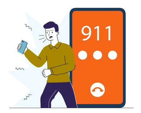 Man with emergency call. Young guy near smartphone with numbers 911. Citizen Stock Illustration