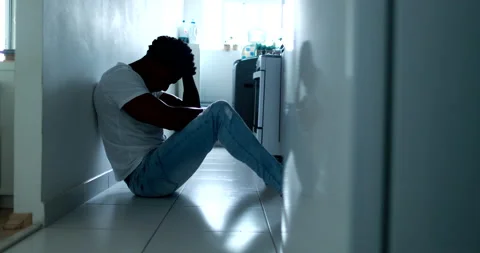 Man emotional breakdown feeling depressed on floor broken, person feeling wor Stock Footage 131212012