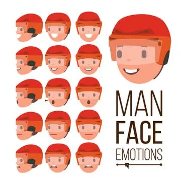 Man Emotions Vector. Handsome Face Man. Different Male Face Avatar Expression Illustrazione stock