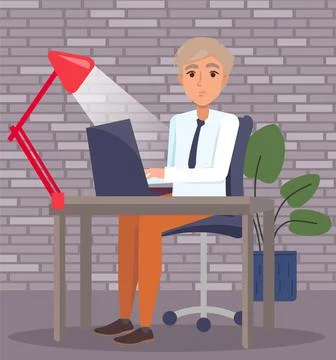 Man employee working on computer at desk. Businessman sitting with laptop at 스톡 일러스트