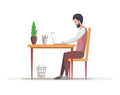 Man employee working on computer at desk. Side view of clerk sitting with laptop Stock Illustration