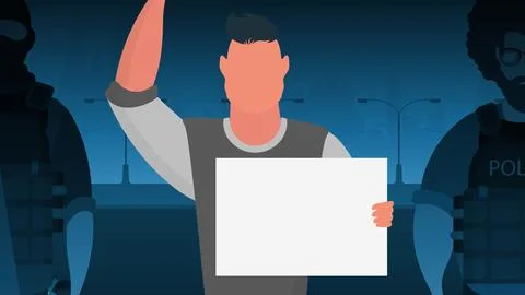 A man with an empty banner and space for your text. Flat style. Vector illu.. Stock Illustration