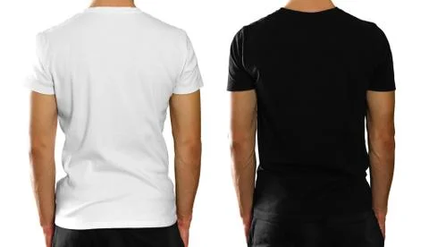 A man in an empty clean white and black t-shirt. Rear view. Isolated on white Foto stock
