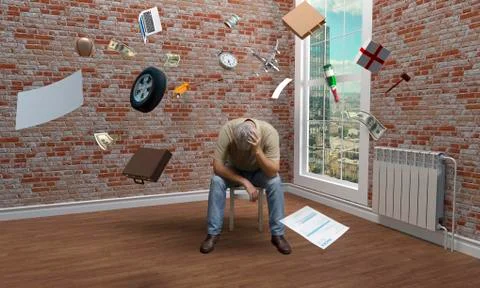 A man in an empty room on a stool by the window Stock Photos