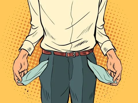 Man with empty trouser pockets, economic recession. poverty. lack of money and Stock Illustration