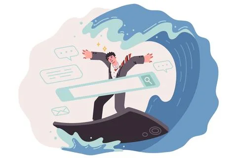 Man is engaged in digital surfing using mobile gadget, riding waves on Stock Illustration