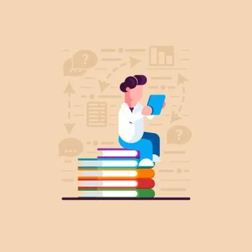 Man is engaged in online learning. Holding a tablet. Modern vector illustrati Stock Illustration