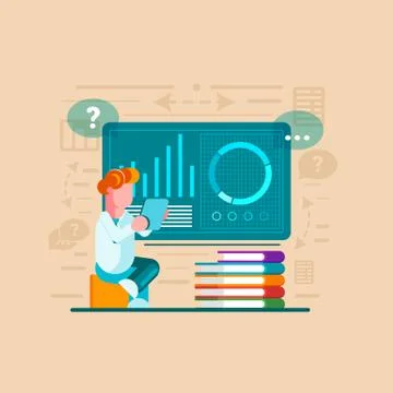 Man is engaged in online learning. Man is engaged in analytics. Holding a tab Stock Illustration
