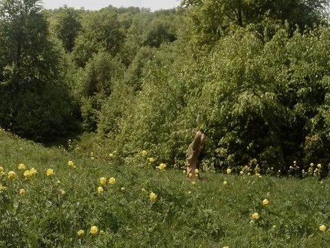 Man is engaged in yoga upside down in yellow flowers in the forest on the green Stock Footage 77756387