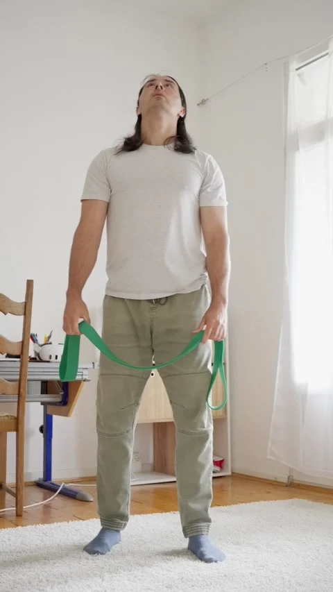 A man engages in exercises utilizing resistance bands to enhance their strength Stock Footage 315907797