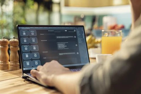Man engaging with AI-powered chatbot, everyday use of artificial intelligence Stockfoto's