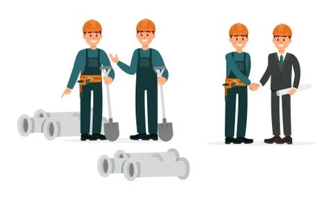 Man Engineer and Builder Working on Construction Site Vector Illustration Set 스톡 일러스트