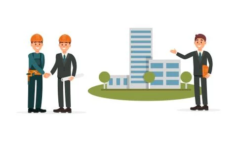 Man Engineer and Builder Working on Construction Site Vector Illustration Set 스톡 일러스트