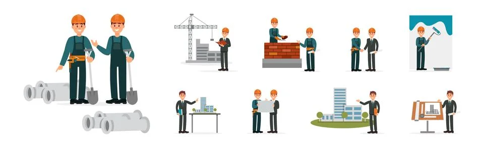 Man Engineer and Builder Working on Construction Site Vector Illustration Set 스톡 일러스트