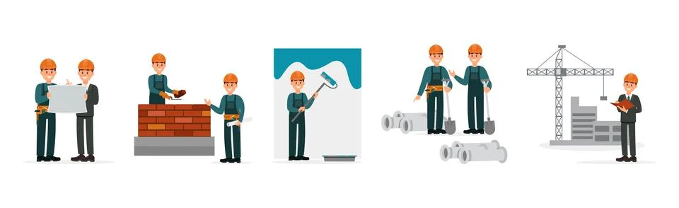 Man Engineer and Builder Working on Construction Site Vector Illustration Set 스톡 일러스트