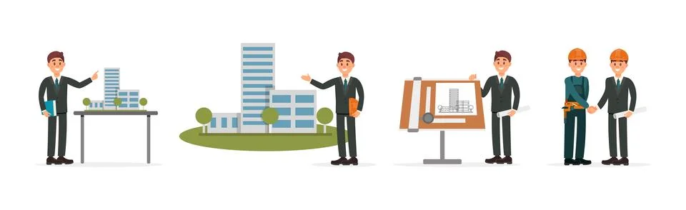 Man Engineer and Builder Working on Construction Site Vector Illustration Set 스톡 일러스트
