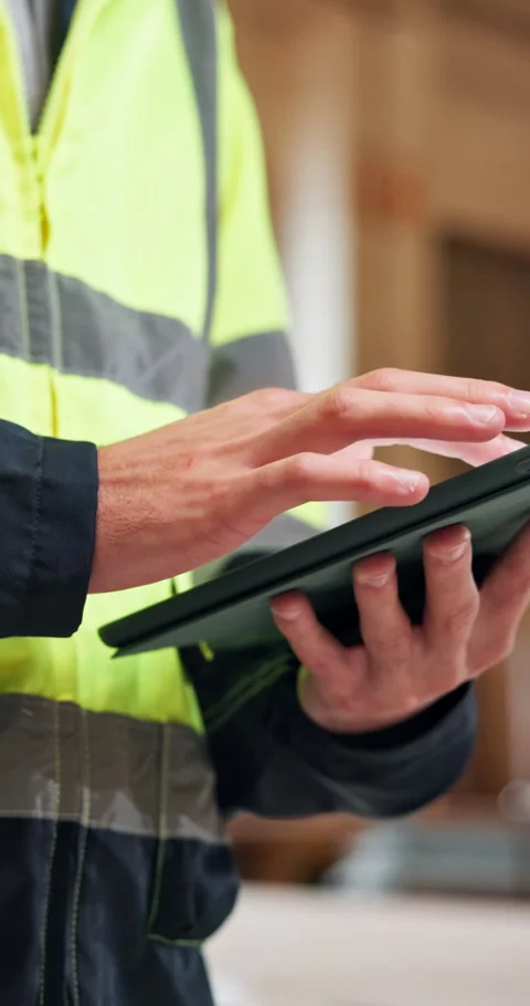 Man, engineer and hands on construction site with tablet, building schedule and Stock Footage 348191918