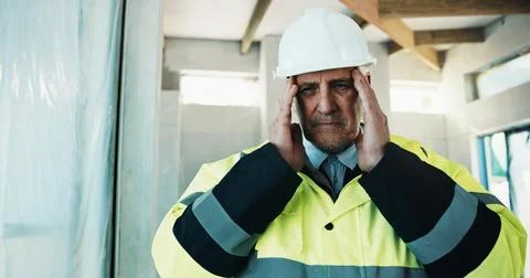 Man, engineer and headache on construction site with burnout, project delay or Stock Photos