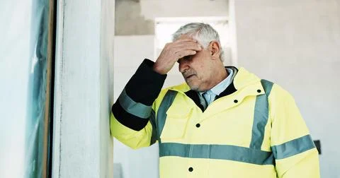 Man, engineer and headache on construction site with stress, project delay or Stock Photos
