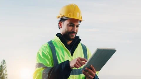 Man, engineer and outdoor with tablet for planning, building news and updat.. Stock Photos