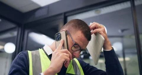 Man, engineer and phone call on office with stress, thinking and contact for Stock Footage 335743724