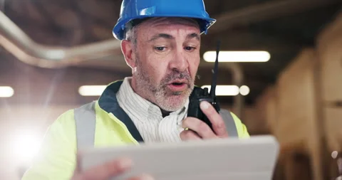 Man, engineer and radio at workshop with tablet, research and inspection update Stock Footage 340000460