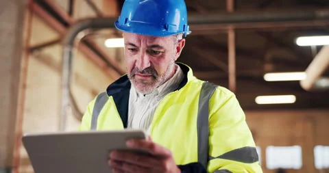 Man, engineer and reading at workshop with tablet, research and inspection Stock Footage 340001469