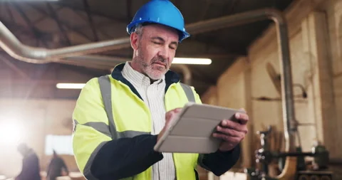 Man, engineer and review at workshop with tablet, research and inspection report Stock Footage 340002212