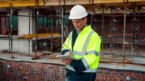 Man, engineer and tablet on construction site for inspection, compliance Stock Footage 336190790