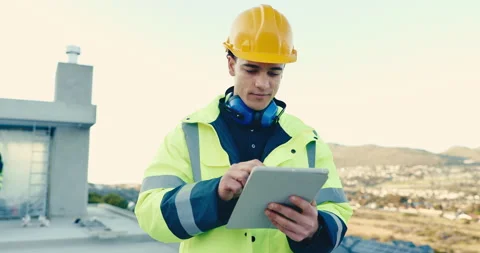 Man, engineer and tablet outdoor for construction, research and inspection Stock Footage 345571990