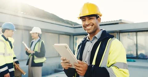 Man, engineer and tablet outdoor for construction, research and checklist for Stock Photos