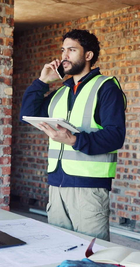 Man, engineer and tablet with phone call for planning construction project, Stock Footage 337028317