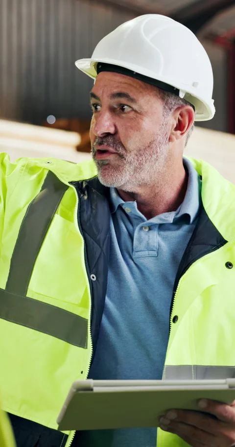 Man, engineer and tablet in workshop for discussion, team duties or app for work Stock Footage 340604006