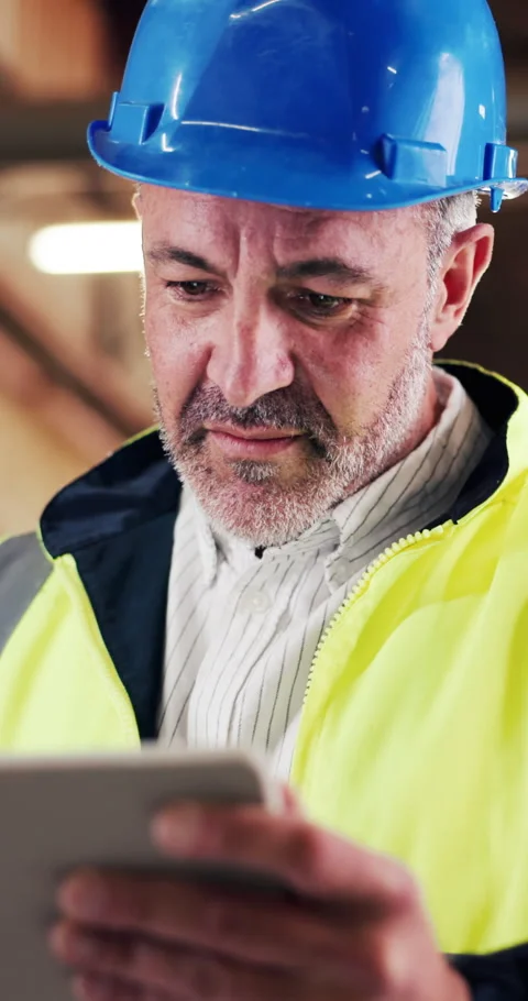 Man, engineer and tablet in workshop for planning, stock order or app for work Stock Footage 340604058