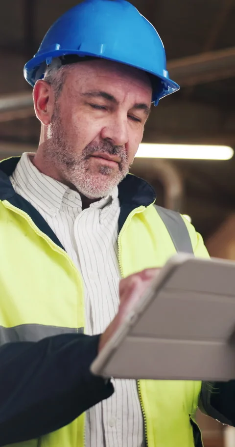 Man, engineer and tablet in workshop for inventory, stock order or app for work Stock Footage 340604097