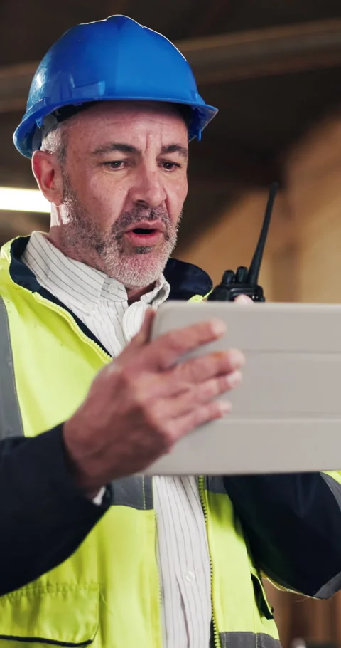 Man, engineer and tablet in workshop with radio, work schedule or update in Stock Footage 340604112