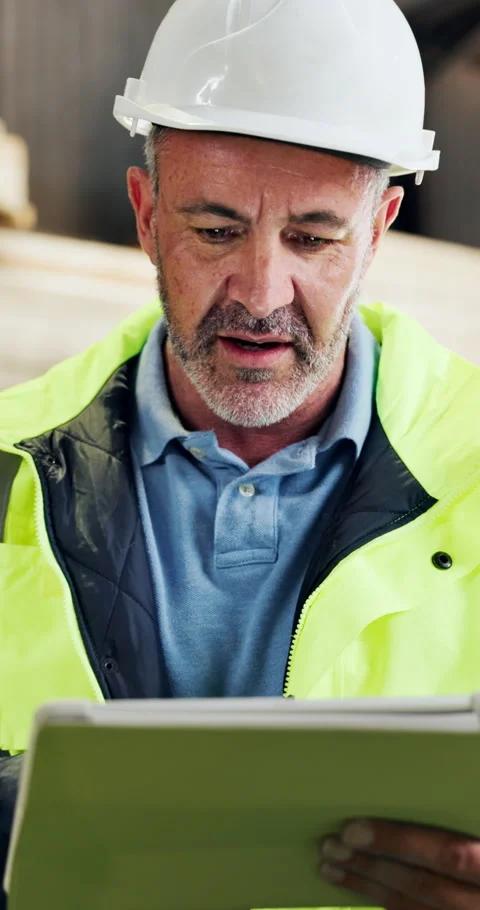 Man, engineer and tablet in workshop with talking, instructions or app for work Stock Footage 340604212