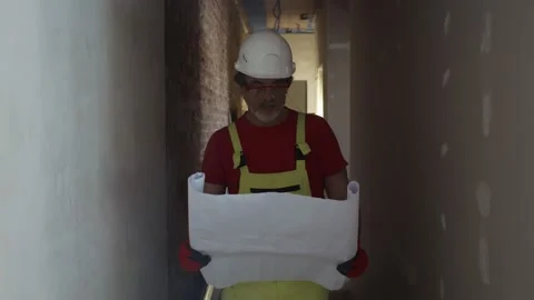 Man engineer on construction site looking at blueprints. Stock Footage 133635183