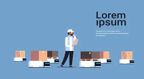 Man engineer controlling robot car delivery product factory automation Stock Illustration