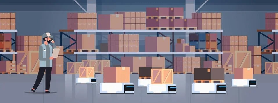 Man engineer controlling robot car delivery product factory automation Stock Illustration
