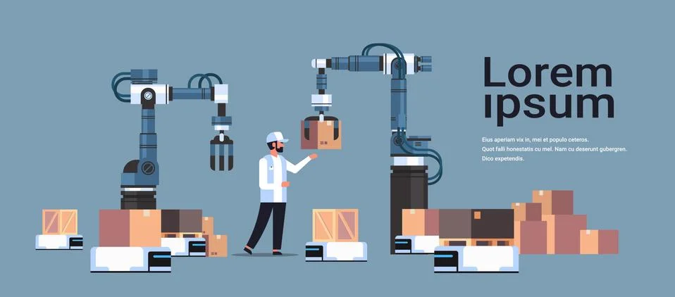 Man engineer controlling robotic hands putting boxes on robot car product Stock Illustration