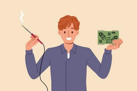 Man engineer with electronic circuit and power tool in hands rejoices at Stock Illustration