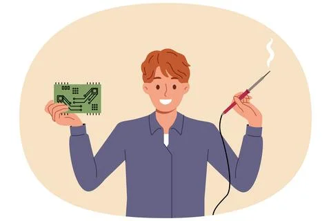 Man engineer with electronic circuit and power tool in hands rejoices at Stock Illustration