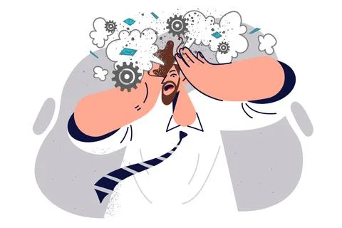 Man engineer feels explosion in head due to overload and burnout at work or own Stock Illustration