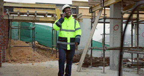 Man, engineer or phone call on construction site for discussion, compliance Stock Footage 337632734