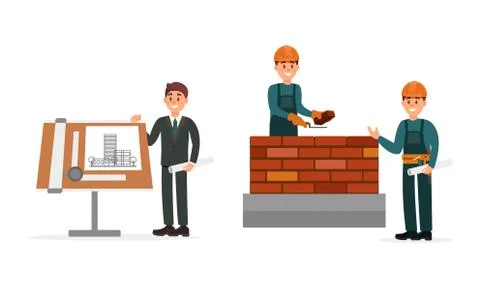 Man Engineer Presenting Building Draft and Builder Laying Bricks on Construction Ilustración de archivo