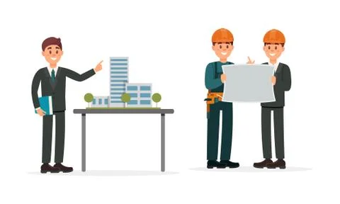 Man Engineer Presenting Draft and Builder Working on Construction Site Vector 스톡 일러스트