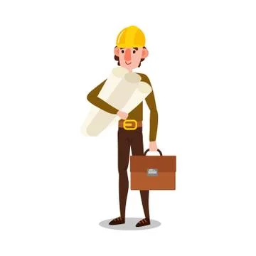 Man engineer standing and holding documents and bag vector illustration Stock Illustration