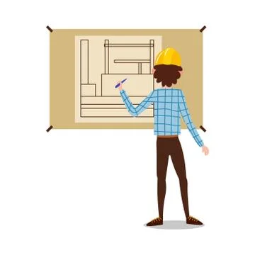 Man engineer standing backwards and drawing construstion plan vector Stock Illustration